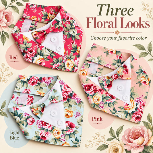 GAVPEPY Polyester Floral Formal Pet Bib, Sizes XS, S, M, L, XL, Red, Pink, Blue, for photos, celebrations, walks and everyday pet outfits; a neckwear accessory for everyday outfits, portraits and special occasions image 2 - 02-三色花卉.jpg