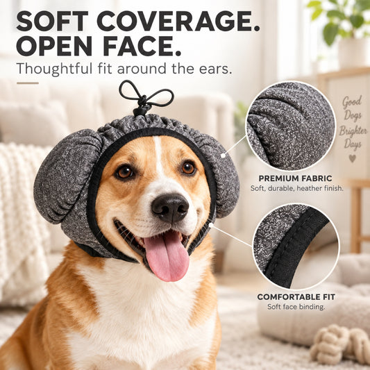 GAVPEPY Polyester Padded Dog Ear Cover, Light Gray in S, M and L, for covering canine ears during supervised grooming and noisy routines, home care, grooming visits and travel, paired side pads, an open face and a lower adjustable band distinguish image 2 - 1.jpg
