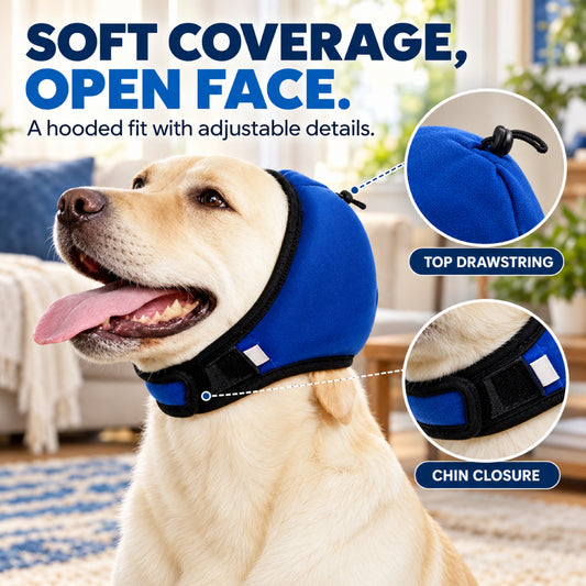 GAVPEPY Polyester Padded Dog Ear Cover Hood, Black or Blue in S, M and L, for covering canine ears during supervised noisy routines, home, travel, grooming visits and outdoor events, a smooth outer panel, dark inner lining and adjustable lower tab image 2 - 1.jpg
