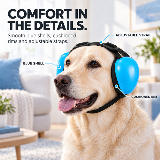 GAVPEPY ABS-Shell Blue Dog Ear Muffs, Blue in S, M or L size options, for covering both ears during supervised noisy pet-care routines, grooming, travel, home events and other supervised outings, smooth blue ear cups, dark inner pads and adjustable image 2 - 1.jpg