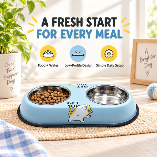 Cat-Print Double Pet Bowl, 2 Sizes, By GAVPEPY image 2 - 1.jpg