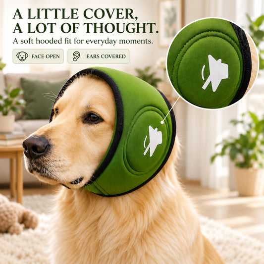 GAVPEPY Polyester Soft Dog Ear Wrap, Blue, Green or Orange in S, M and L, for covering the ears during supervised noisy or breezy routines, home routines, grooming, travel and outdoor use, a compact padded fabric panel and dark edge trim make each image 2 - 1.jpg