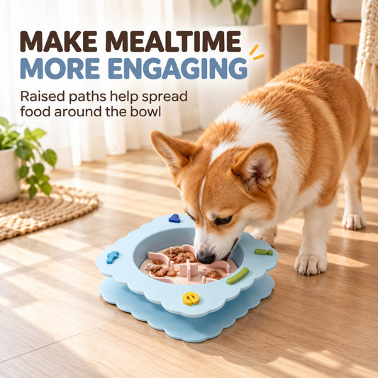 GAVPEPY Silicone Patterned Slow Feeder Bowl, 19.5 x 19.5 x 5.5 cm, Sea Breeze Blue, Sunset Orange or Lemon Yellow, for Everyday Dog and Cat Meals or Water at Home, raised maze-like food channels; a patterned surface separates portions across the bowl image 2 - 1.jpg