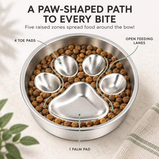 Paw-Print Stainless Steel Slow Feeder Bowl, 2 Base Options, By GAVPEPY image 2 - 1.jpg