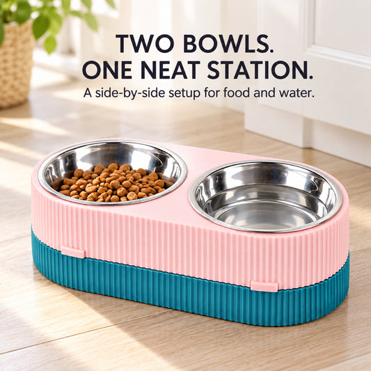 GAVPEPY Stainless Steel Double Pet Bowl Set, 31.5 x 16.5 x 9.3 cm, Pink and Green or Blue and Yellow, for Everyday Dog and Cat Meals or Water at Home, two removable-looking bowls in a joined base; a practical feeding setup for daily pet-care routines image 2 - 1.jpg