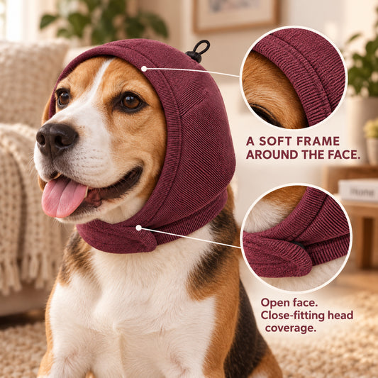 GAVPEPY Polyester Dog Ear Snood, Burgundy, Charcoal or Brown in S, M and L, for covering canine ears during supervised wind, grooming and daily routines, home, travel, grooming and outdoor walks, soft ribbed fabric, an open face and a top adjustment image 2 - 1.jpg