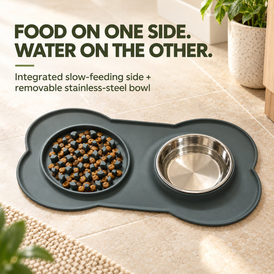 GAVPEPY Silicone Feeding Mat and Bowl Set, 58 x 33 cm, one pictured colorway, for Everyday Dog and Cat Meals or Water at Home, textured feeding area beside a round bowl; a patterned surface separates portions across the bowl image 2 - 1.jpg