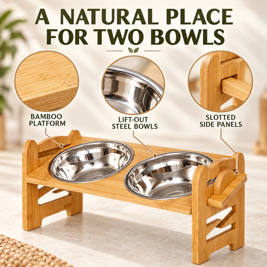 GAVPEPY Bamboo Double Pet Bowl Stand, three frame sizes from 42 to 42.5 cm wide, natural bamboo, for Everyday Dog and Cat Meals or Water at Home, two bowl positions in a raised bamboo frame; a practical feeding setup for daily pet-care routines image 2 - 1.jpg