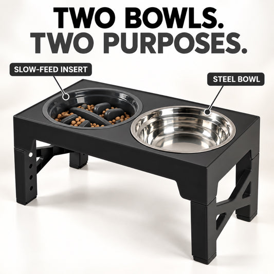 GAVPEPY Adjustable Raised Double Pet Feeder, 44 x 23 x 8 cm, Black, for Everyday Dog and Cat Meals or Water at Home, one textured feeding area and one round metal-look bowl; a practical feeding setup for daily pet-care routines image 2 - 1.jpg