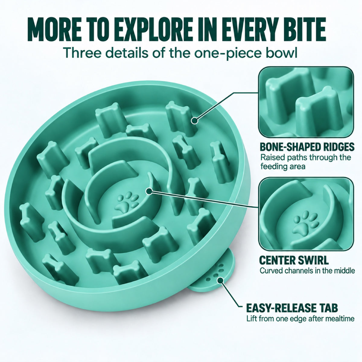 GAVPEPY Silicone Textured Slow Feeder Bowl, 20 x 20 x 4 cm, teal finish, for Everyday Dog and Cat Meals or Water at Home, raised pattern across the feeding surface; a patterned surface separates portions across the bowl image 7 - 6.jpg