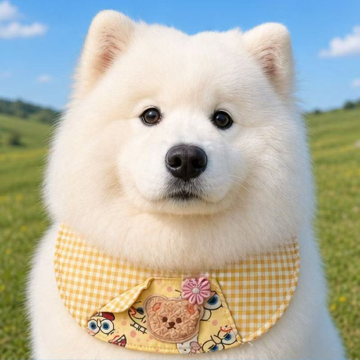 GAVPEPY Polyester Gingham Bear Pet Bib, 6 size options, 5 color or pattern options, for photos, celebrations, walks and everyday pet outfits; a neckwear accessory for everyday outfits, portraits and special occasions image 12 - DPbib35-Yellow-XS.jpg