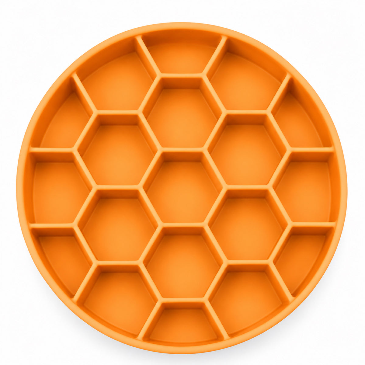 GAVPEPY Silicone Honeycomb Slow Feeder Bowl, 21 cm diameter, Blue, Green or Orange, for Everyday Dog and Cat Meals or Water at Home, raised honeycomb-style channels; a patterned surface separates portions across the bowl image 10 - DPbowl51-Orange-21CM.jpg