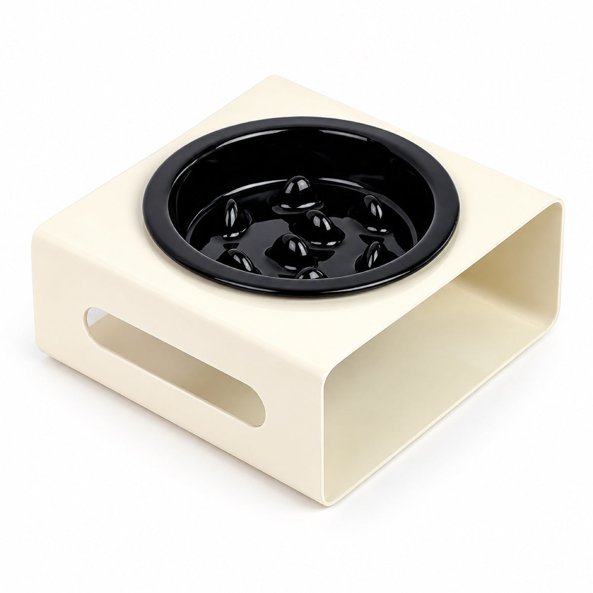 GAVPEPY Ceramic Slow Feeder Bowl and Stand, 13.5 x 13.5 x 3.5 cm bowl, nine bowl-and-stand color combinations, for Everyday Dog and Cat Meals or Water at Home, raised feeding pattern in a small matching stand; a patterned surface separates portions image 16 - DPbowl64-Black-White.jpg