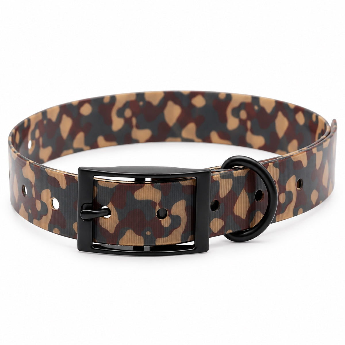 GAVPEPY TPU Camouflage Dog Collar, Size One Size, Muted Olive Rust Camo, Red Green Camo, Forest Green Camo, Tan Brown Camo, for daily dog walks and outdoor wear; adjustable neckwear with the selected finish and fit shown in the product photos image 10 - DPcollar12-TanBrownCamo-CollarOnly.jpg