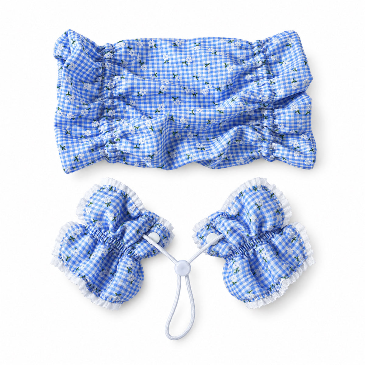 GAVPEPY Cotton Floral Long-Ear Dog Cover, Begonia, Apricot, Lake Blue or Blue patterns in Ear Cover Only or Ear Cover with Neck Cover packages, for keeping long ear hair tidier during meals and supervised daily routines, meals, grooming and daily use image 15 - DPearmuff10-Blue-WithNeckCover.jpg