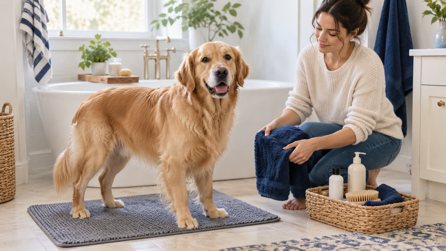 Dog standing calmly beside a bathtub before a bath
