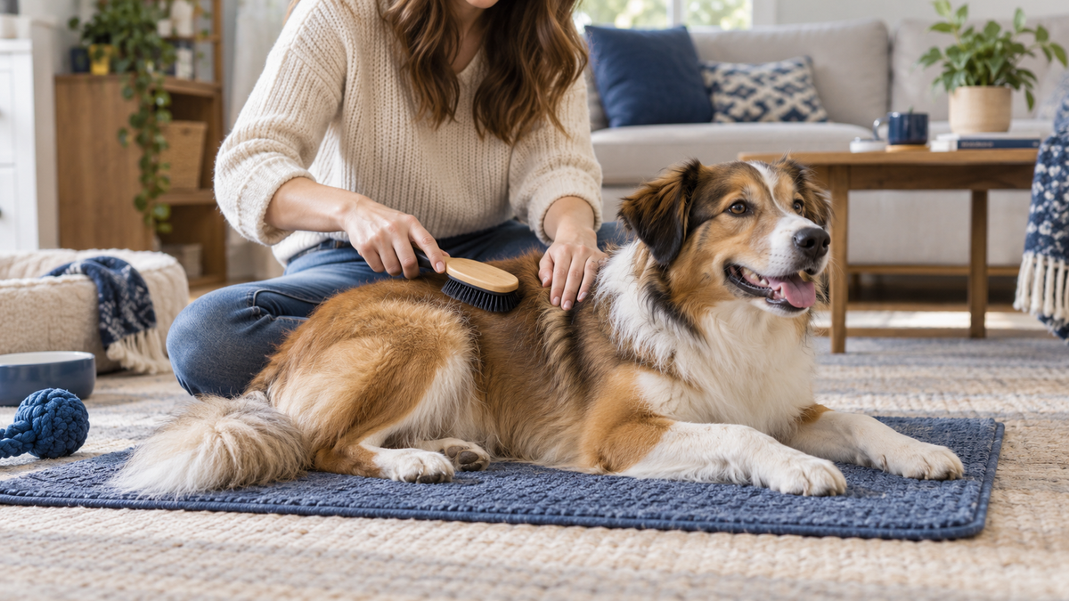 Pet parent gently brushing a relaxed dog at home