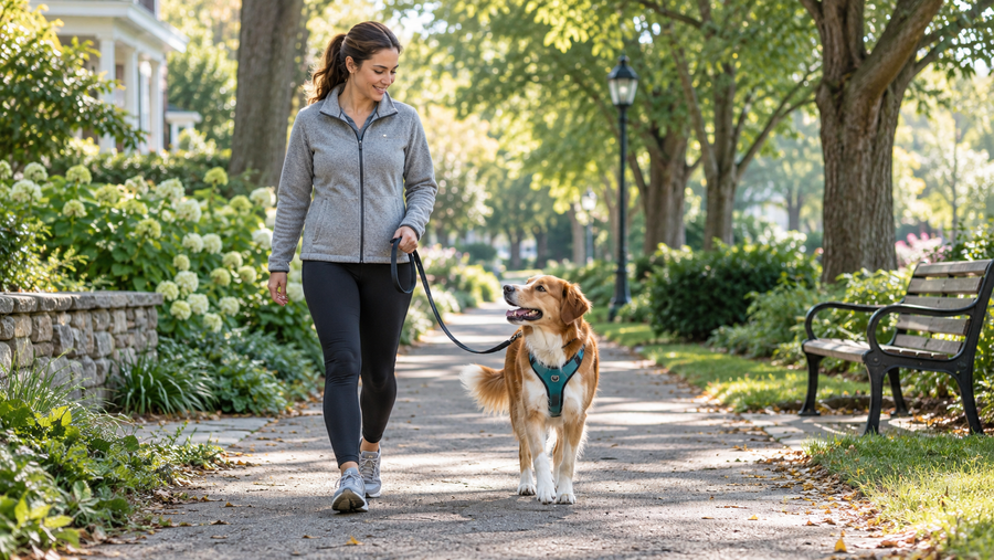 Dog walking calmly in a properly fitted harness on a neighborhood path