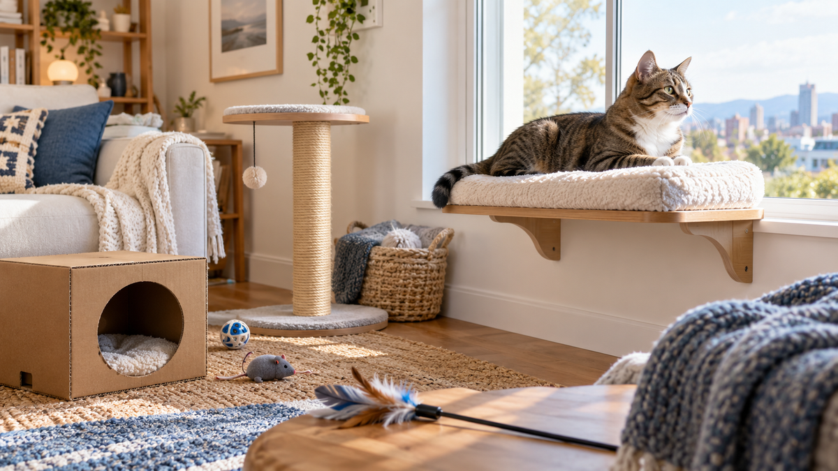 Indoor cat resting on a secure window perch near enrichment resources