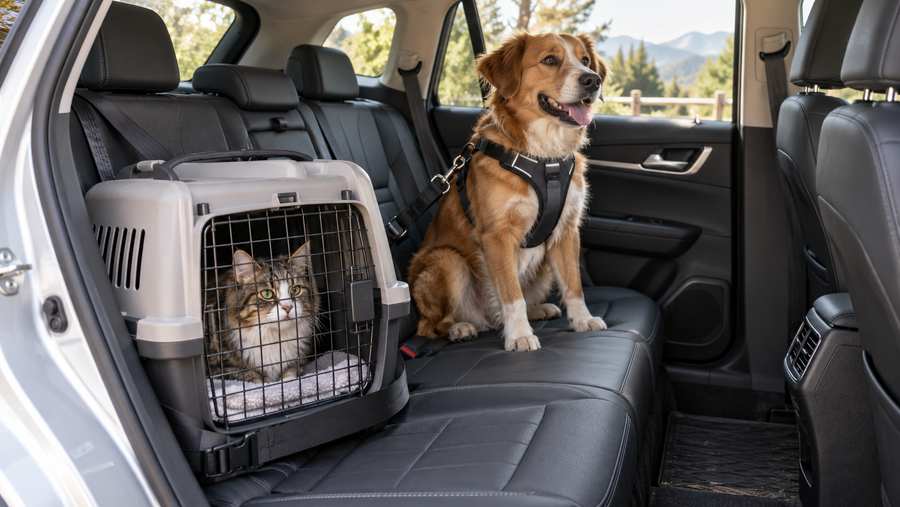 Dog and cat secured safely in the rear seat for car travel