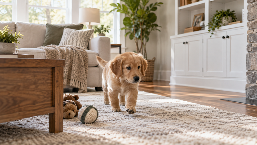Puppy calmly exploring a tidy living room with cords and small objects secured
