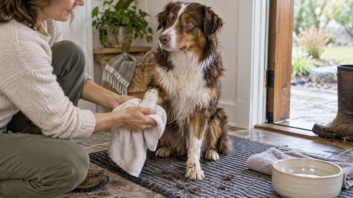 Pet parent gently wiping a dog's paws beside the entryway after a walk