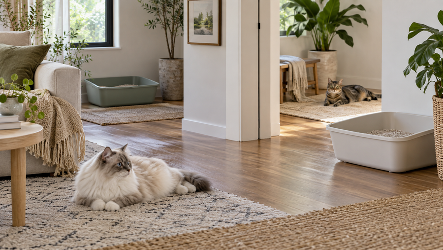 Cats using separate large litter boxes in quiet, accessible locations