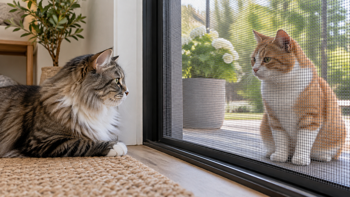 Two relaxed cats observing each other through a secure screen during a gradual introduction
