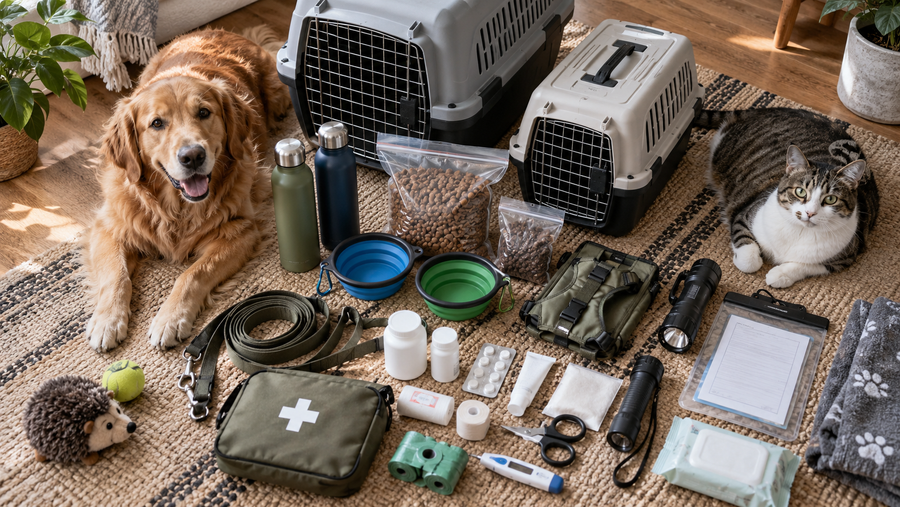 Organized emergency supplies for a dog and cat packed beside labeled carriers