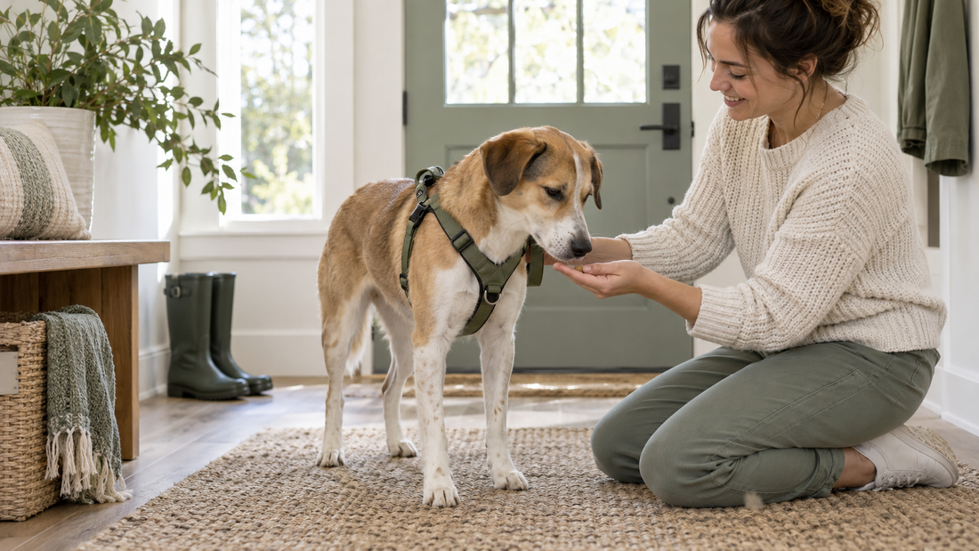 Dog calmly wearing a well-fitted harness while its owner offers a small reward