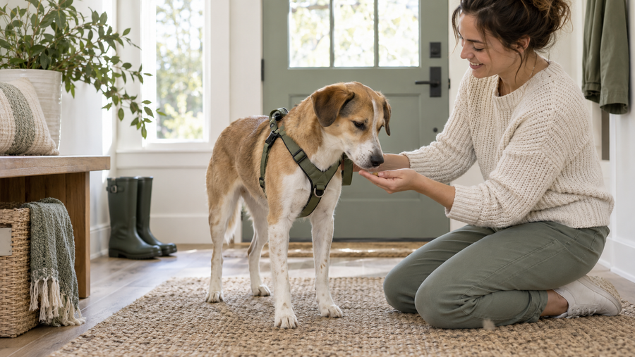 Dog calmly wearing a well-fitted harness while its owner offers a small reward