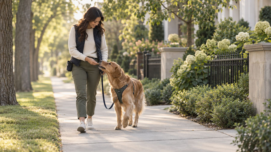 Dog walking beside its owner on a loose leash in a quiet neighborhood