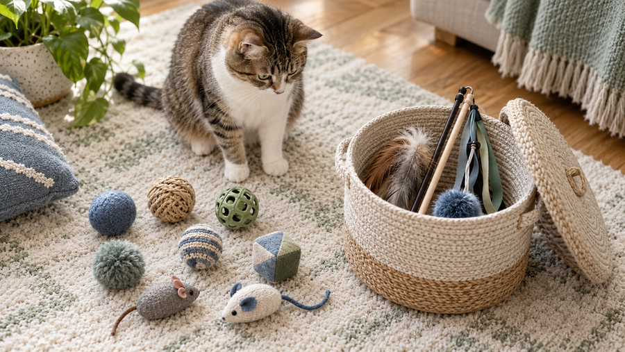 Indoor cat watching several safe toys arranged for a weekly toy rotation
