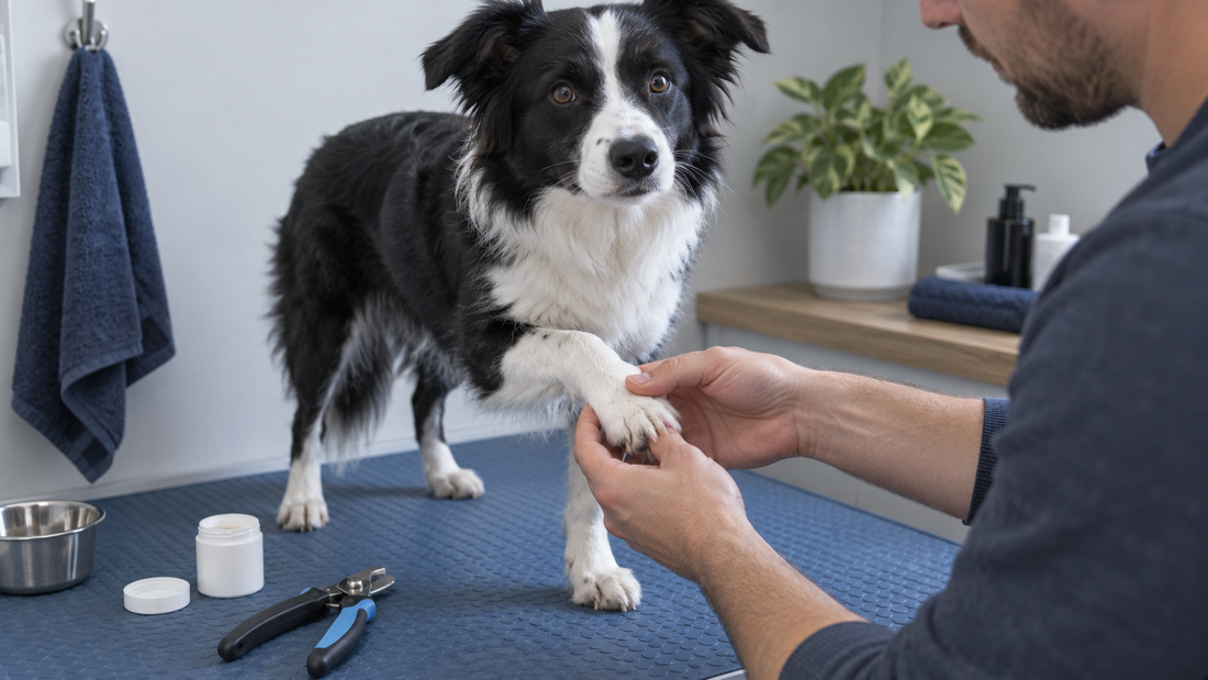 Calm black-and-white dog having one paw gently supported for nail-trimming preparation