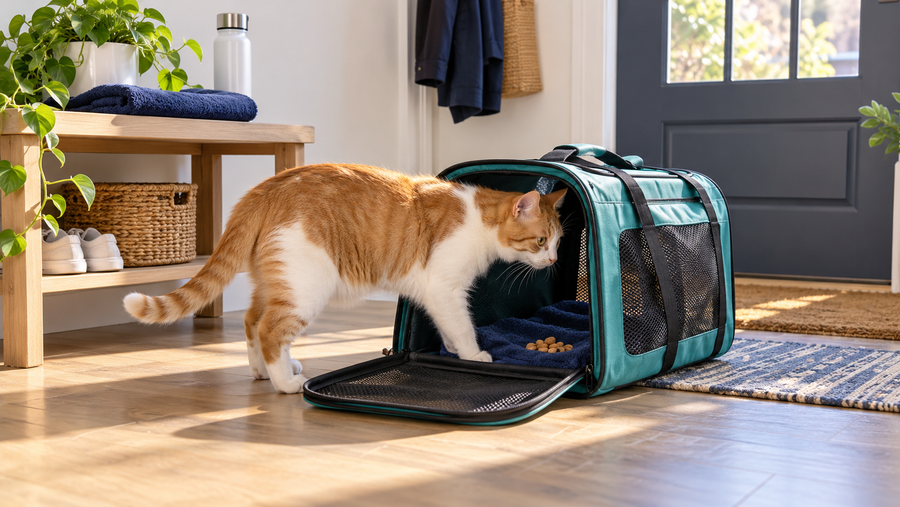 Orange-and-white cat calmly entering an open teal soft-sided carrier near the front door