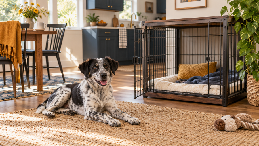 Young speckled dog relaxing beside an open crate in a warm home