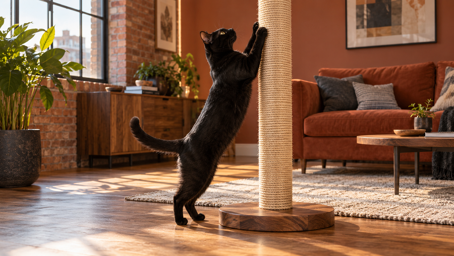 Black cat stretching on a tall sisal scratching post in a modern living room