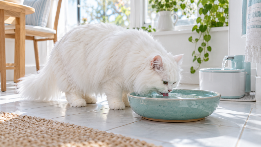 White long-haired cat drinking from a ceramic water bowl in a bright breakfast nook
