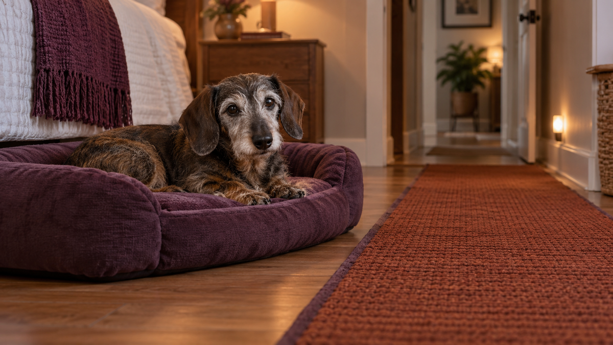 Gray-muzzled senior dachshund resting on a low supportive bed beside a nonslip runner