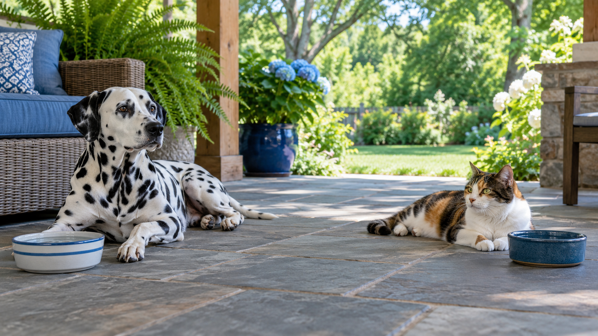 Dalmatian dog and calico cat resting with fresh water on a shaded summer patio