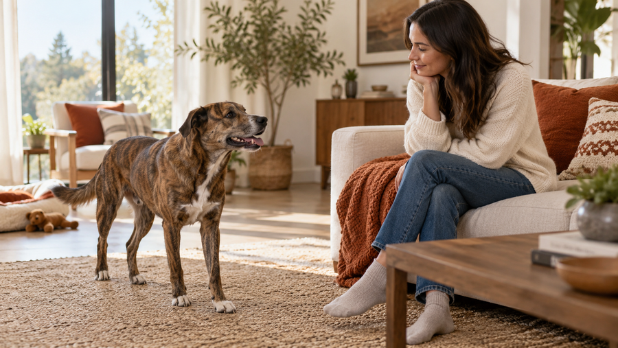 Brindle mixed-breed dog calmly communicating with an attentive owner in a bright living room