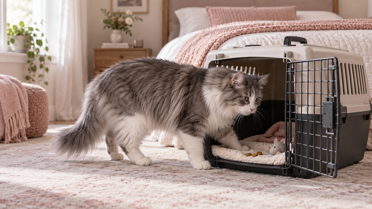 Gray and white cat voluntarily stepping into an open carrier with a soft blanket