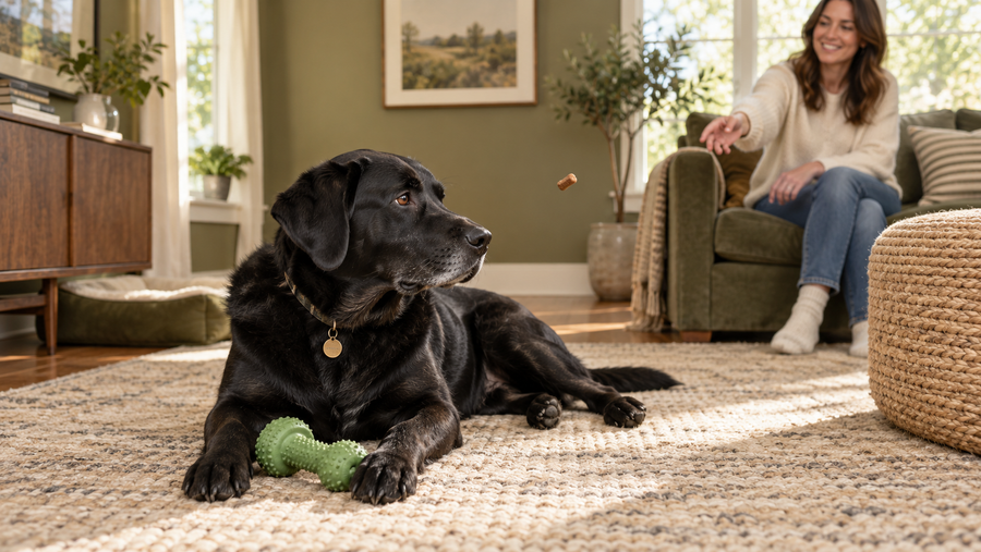 Black Labrador mix relaxing with a toy while an owner offers a treat from a respectful distance