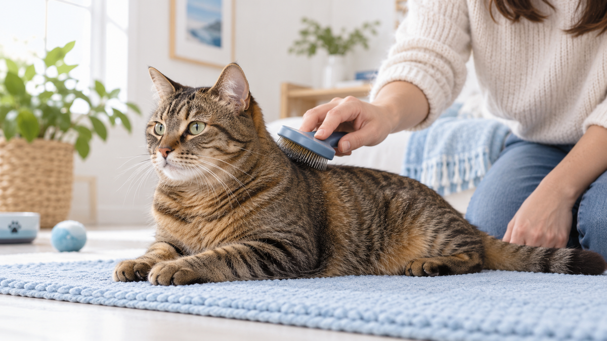 Brown tabby cat relaxing while an owner gently brushes its coat in a bright room
