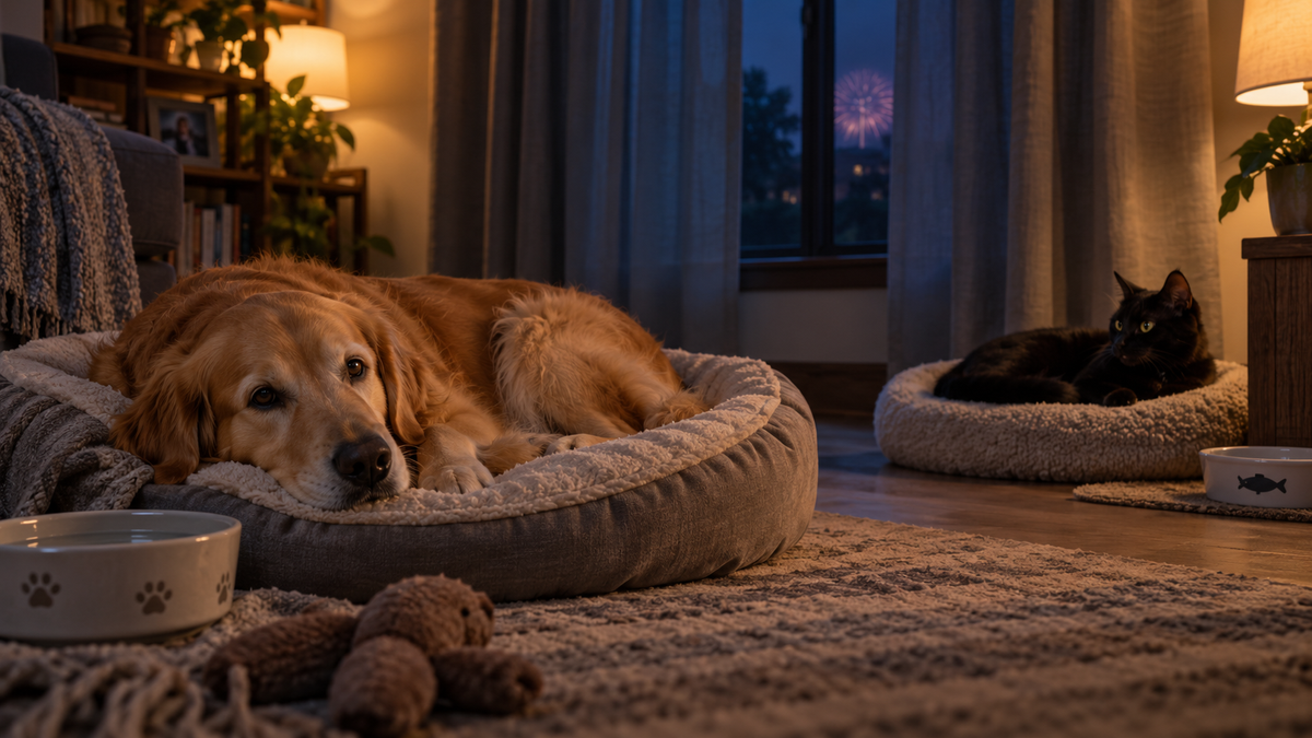Golden retriever and black cat resting in a quiet interior room during distant fireworks