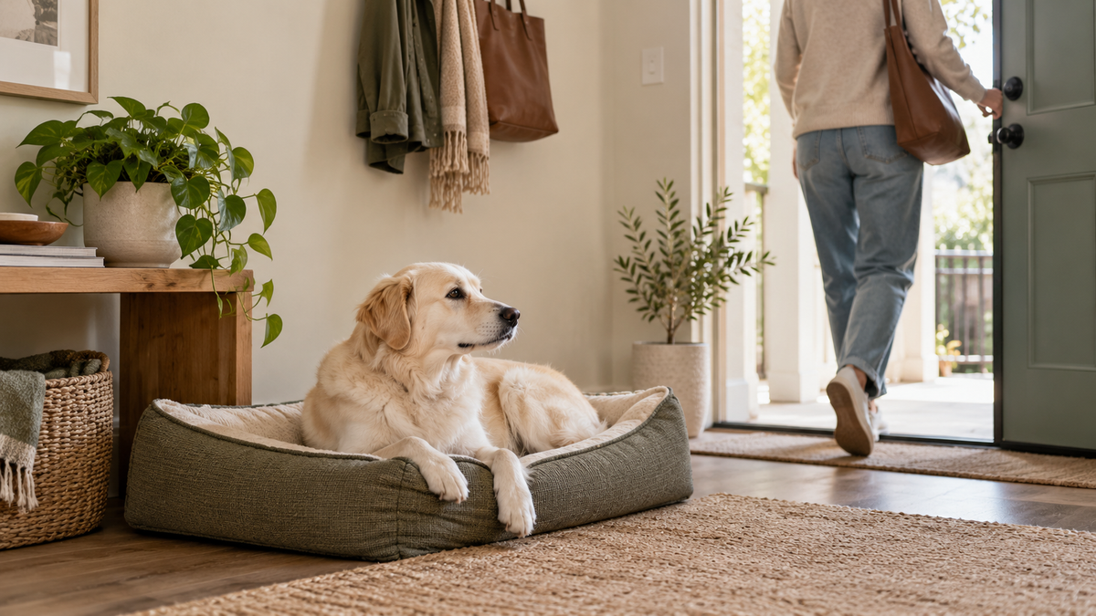 Cream-colored mixed-breed dog resting calmly near an apartment door while its owner practices a brief departure