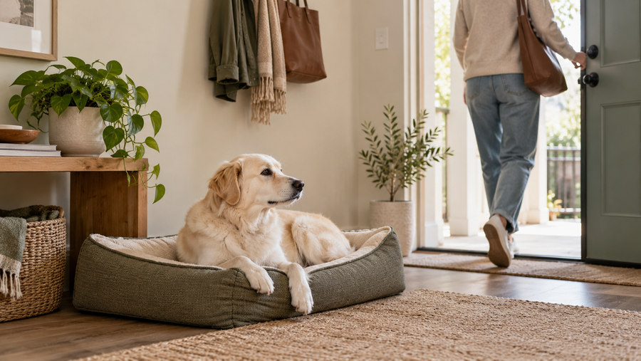 Cream-colored mixed-breed dog resting calmly near an apartment door while its owner practices a brief departure