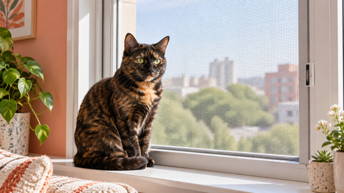 Tortoiseshell cat sitting safely behind a sturdy closed window screen in a bright apartment