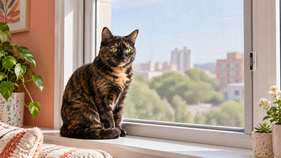 Tortoiseshell cat sitting safely behind a sturdy closed window screen in a bright apartment
