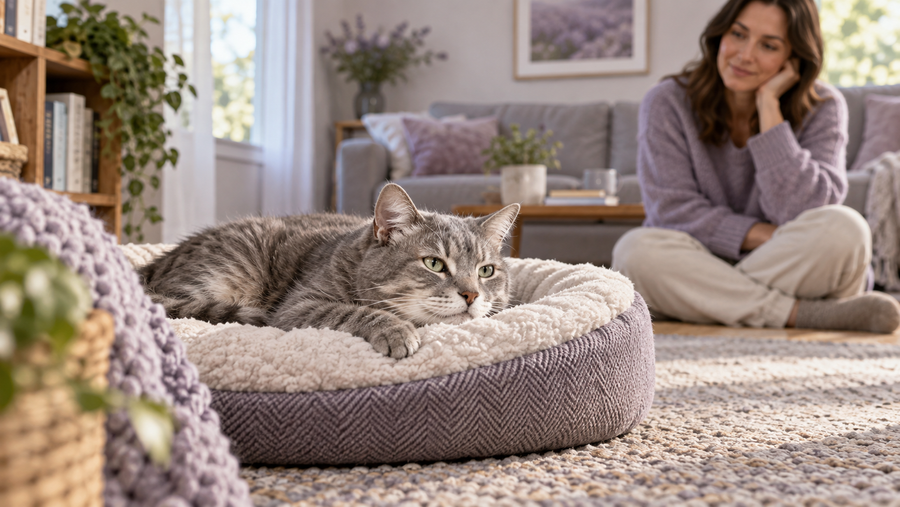 Senior gray cat resting on a low cushioned bed while an owner quietly observes its posture